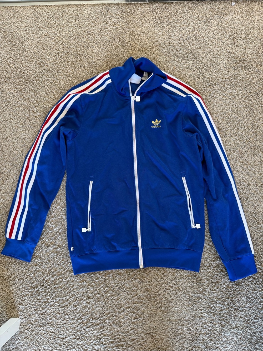 adidas Blue Track Jacket with Red & White Shoulder Stripes